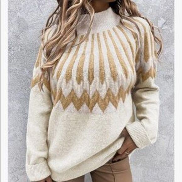 NEW Patterned  Warm Pullover Sweater- Beige - Picture 1 of 7